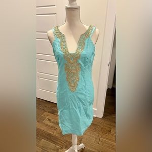 Lilly Pulitzer Suzette Serene Blue Metallic Gold Cording Shift Dress